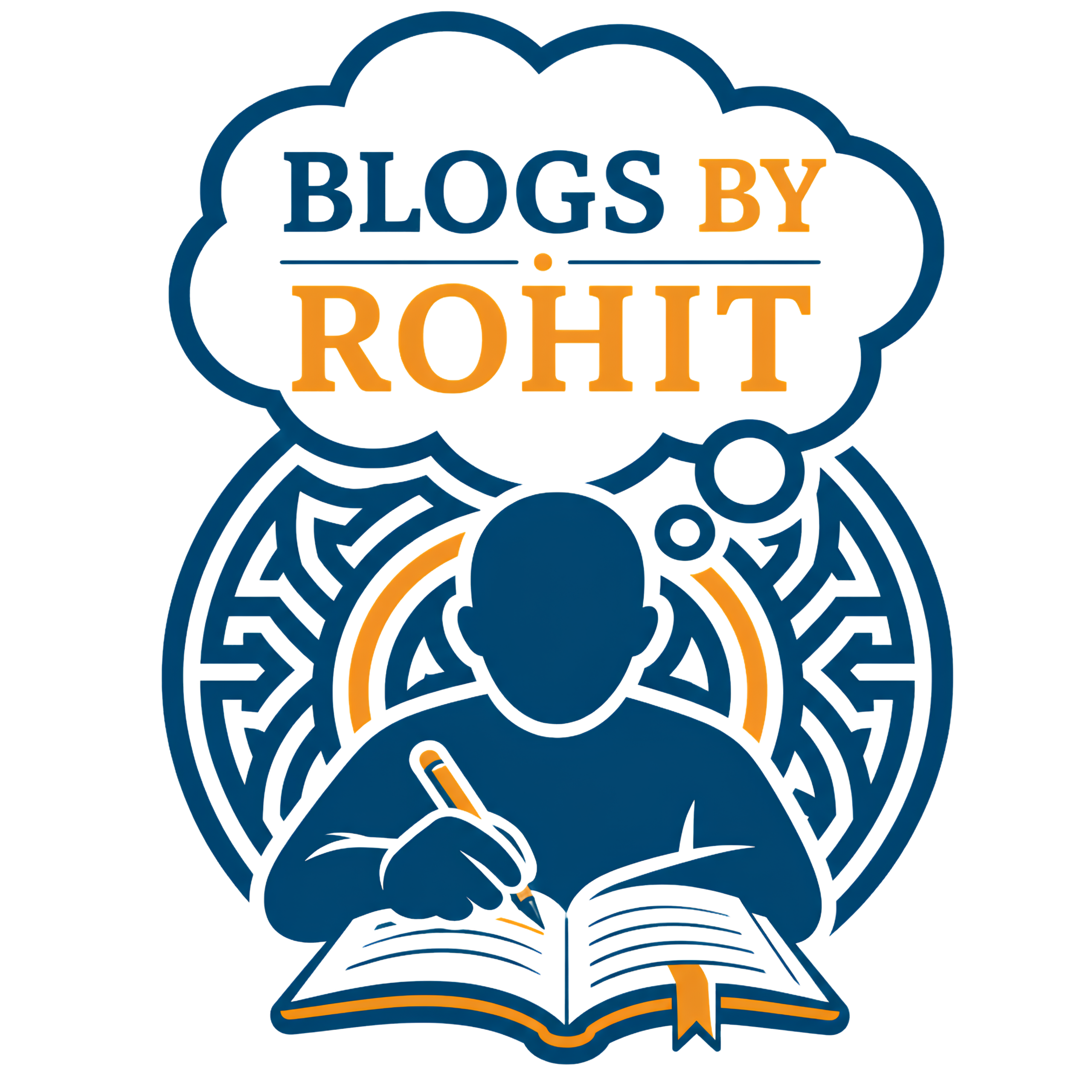 BlogsByRohit logo featuring a writer with an open book and thought cloud symbolizing blogging, knowledge sharing, digital content creation, personal growth, technology and marketing insights.